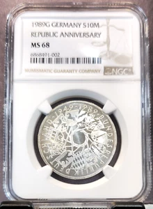 1989 GERMANY SILVER 10 MARK S10M REPUBLIC ANNIVERSARY NGC MS 68 RARE GEM TOP POP - Picture 1 of 3