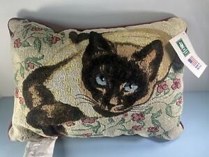 Siamese Cat Woven Tapestry Throw Pillow W/ Tags VTG 14x9 Blue Eyes
