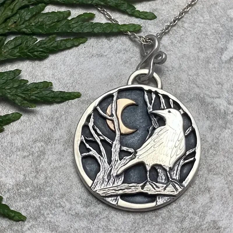 Universal Vintage Necklace Forest Moon Crow Pattern Pendant Long Chain Gift