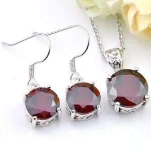 2 Pcs 1 Lot Round Red Garnet Gems Silver Necklace Pendant Earrings Jewelry Sets - Picture 1 of 10
