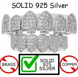 SOLID 925 Silver Simulated Diamonds Custom GRILLZ Teeth Top Bottom Set HipHop CZ