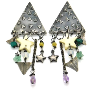 Retro Julie Shaw 925 Sterling Silver Triangle Star Beaded Dangle Drop Earrings - Picture 1 of 7