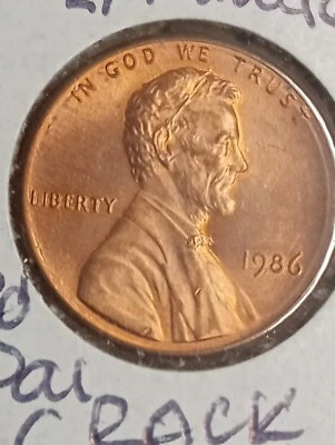1986-P Lincoln Cent Retained Interior Die Break" Spike head"! - Image 1 of 2