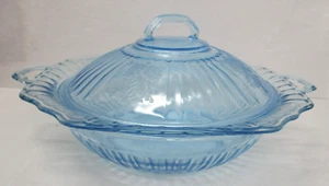 Vintage Hocking Vertiefung Glas blau Mayfair 11,5" bedeckt Gemüse Schüssel & Deckel - Bild 1 von 22