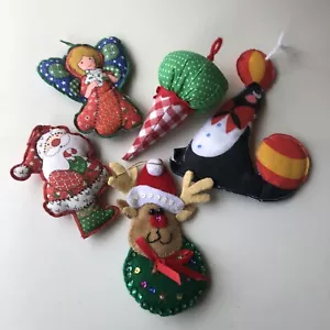 Vintage Lot 5 Hand Made Fabric Christmas Tree ORNAMENTS Ice Cream Cone Penguin - Picture 1 of 6