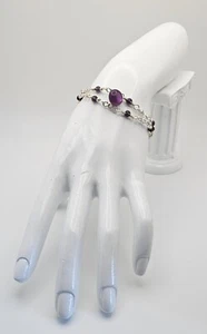 Silver Double Link Bracelet with Vintage Purple Button & Gemstones - Picture 1 of 3