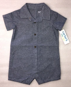Carter's Child of Mine Baby Boy Blue Denim Romper One Piece Size 0-3 Months NWT - Picture 1 of 9