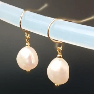 Freshwater Baroque Pearl Earrings Daily Wear 14K Beaded Ear Hooks Dangle Earings - Picture 1 of 10