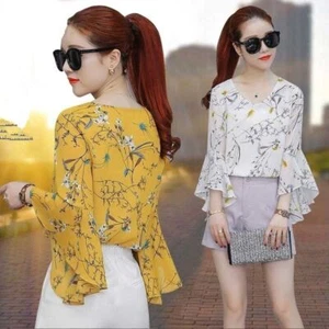 Women Thin Floral Chiffon Shirt Half Sleeves Tops Office V-neck Blouse Shirt Top - Picture 1 of 11