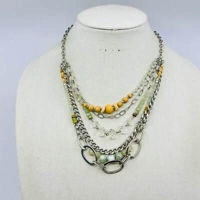 Collar Ann Taylor LOFT Capas Verde Marrón Cadena Cuentas Tono Plata Joyería Foto 1 de 4