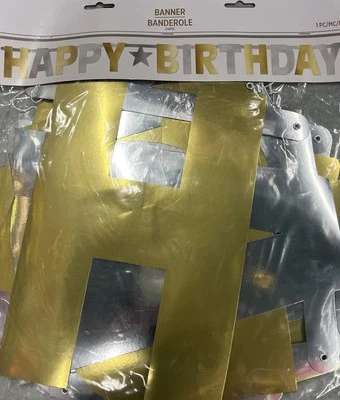 Banner grande de feliz cumpleaños plateado y dorado de 10,8 pies Foto 1 de 2