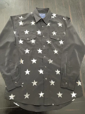Size Medium Wrangle All Around Star Design Button Up Dress Shirt Black — 第 1/4 张图片