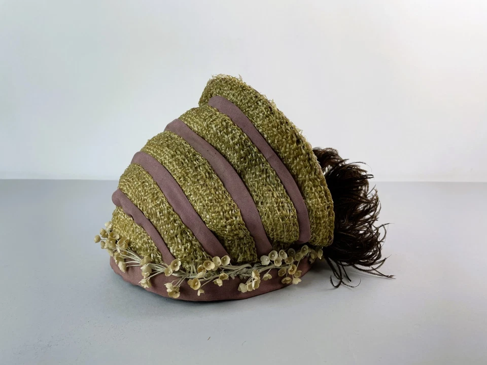 Antique 1915 WW1 Era Ladies Straw Floral Ribbon Feather Hat 26.5" Brim - Image 1 of 4