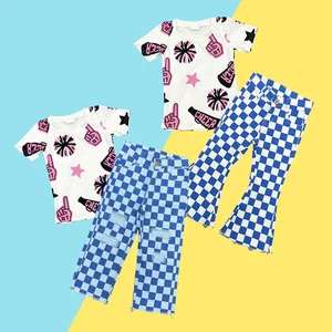 Kids Girls Sport Team Cheer Short Sleeve Top With Checked Jeans Outfit - Picture 1 of 5