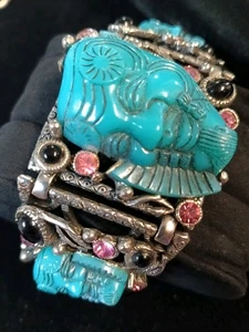 1960'S SELRO TURQUOISE LUCITE NOH OKINA MASK CABOCHON RHINESTONE LINK BRACELET - Picture 1 of 9