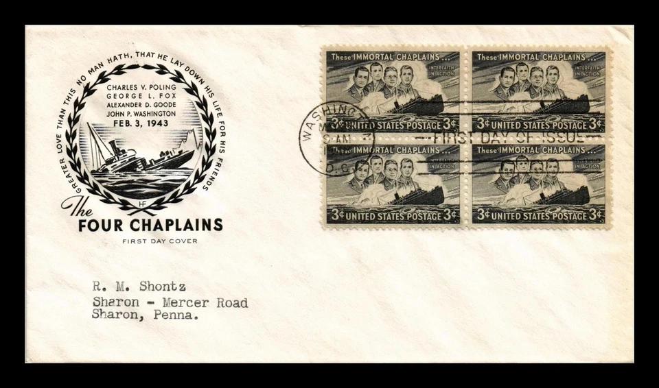 956 3c Stamps (BLOCK) (1948) HEROIC WWII FOUR CHAPLAINS FDC - HOUSE OF FARNAM - Image 1 of 1