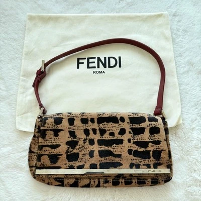 Fendi Brown Printed Pony Hair Baguette Black Beige Vintage 2000s Authentic - Image 1 of 4