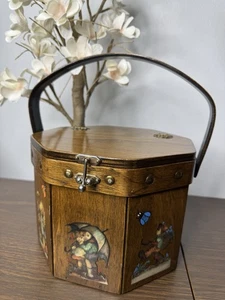 Vintage Wood Sewing Box Purse Hinged Lid Handle Quilt Lined V.L. Runyan Hummel - Picture 1 of 13