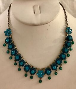 Vintage Michal Negrin Necklace Aqua Blue Chandelier Flowers Signed with Box