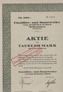 Emaillier- u. Stanzwerke, vorm. Gebrüder Ullrich, Aktie 1000 M, 1923 - Bild 1 von 1