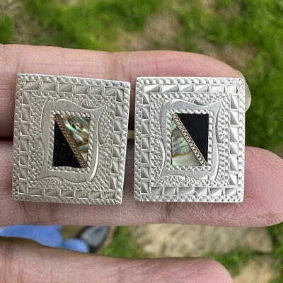 VTG Art Deco Cufflinks 0.75" Inlaid Abalone Shell Black Onyx 925 Sterling 21.1g - Image 1 of 4