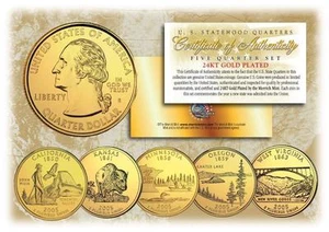 2005 GOLD 24K Clad U.S Mint State Quarters Complete Set of 5 Coins with Capsules - Picture 1 of 2