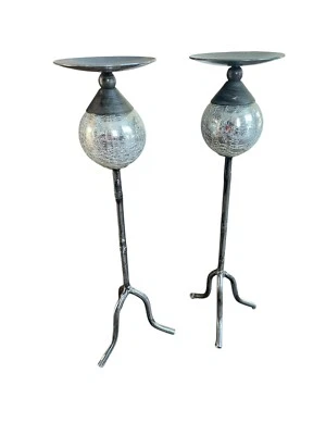 VTG Pier 1 Mercury Crackle Glass Black Metal 13.5” Candlesticks Holders Set Of 2 - Image 1 of 3