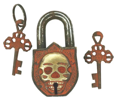 Skull Shape Security Lock Antique Vintage Style Handmade Brass Padlock with Keys Cover