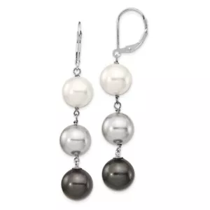 925 Sterling Silver 10mm White Grey Black Shell Pearl Dangle Earrings - Picture 1 of 4