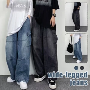 Men Wide Leg Jeans Trousers Streetwear Loose Jeans Casual Baggy Cargo Pants - Picture 1 of 13