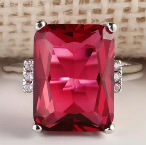 Classic Red Emerald Shape 6.00CT Ruby With White CZ Accents Fine Wedding Ring - Picture 1 of 2