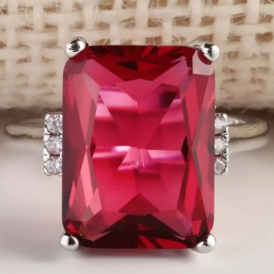 Classic Red Emerald Shape 6.00CT Ruby With White CZ Accents Fine Wedding Ring - Image 1 of 2
