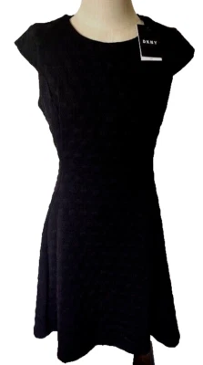 DKNY Size 6 Classic Black Polka Dot Detail Cap Sleeve Stealth Dress NEW - Image 1 of 4