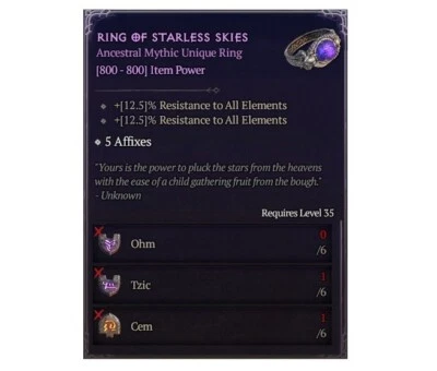 Diablo 4 S10 Ring Of Starless Skies Mythic Unique Ring 6 Ohm Tzic Cem Rune Craft