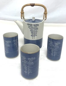 Fine Porcelain Bamboo teapot sake pourer server cups blue, white, gold trimmed - Picture 1 of 8
