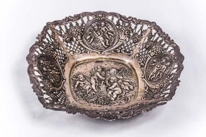 Antique German 916 Solid Silver Openwork Tray Basket Repousse Cherubs Children - Picture 1 of 6