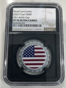 Chad. 2022, 500 Francs, Silver - NGC PF70 Ultra Cameo- Bottle Cap  USA Landmarks - Picture 1 of 2