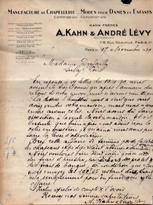 PARIS ( RUE RÉAUMUR ) KAHN & LÉVY / MANUFACTURE CHAPELLERIE / COURRIER 1939 - Bild 1 von 1