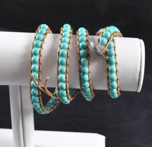Pulsera Acomo Cuero Bronceado Reconstituida Turquesa 32"" Hecho a Mano Artesano P8 - Imagen 1 de 12
