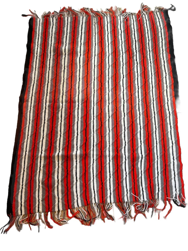VINTAGE Blanket Throw 50” x 66” Handmade Orange Black Gray Fringe Stripe Diamond - Image 1 of 4