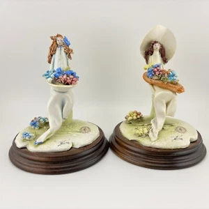 Italian Porcelain Delicate Figurines Signed 4.5" Tall Flower Picking Women - Picture 1 of 15