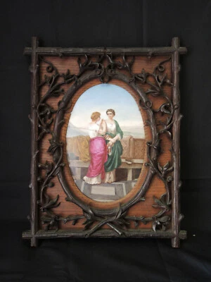 Peinture XIX sur plaque porcelaine / Cadre bois foret / noire décor antique - Photo 1/4