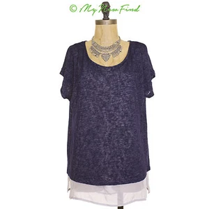 Gibson Woven Underlay Boxy Tunic Top Blouse Size M Mixed Media Navy Blue B46 - Picture 1 of 4