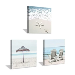 Beach Theme Canvas Wall Art: Sun Umbrella Starfish & Beach Chair on Sand Artw... - Picture 1 of 7
