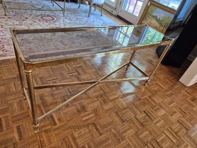 Mesa consola Hollywood Regency La Barge de latón vintage años 70 latón y vidrio Foto 1 de 4