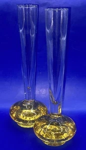 Pair Vintage MCM Controlled Bubble Bud Vases, Yellow Glass, 16cm, Collectable - Picture 1 of 9