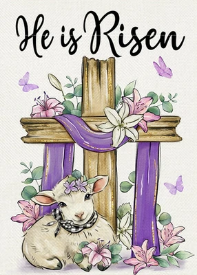 He Is Risen Easter Christian Decorative Garden Flag, Religious Cross Lamb Lily F - Image 1 of 4