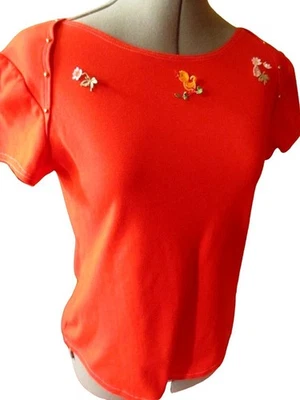 Camiseta Mediana Vintage Años 70 Hecha a Mano Top Naranja Apliques Girasol Bebé Pato Foto 1 de 4