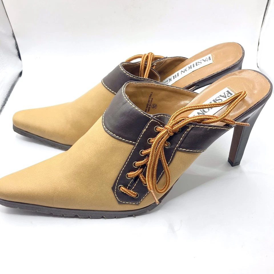 Vintage Lace Up Two Tone Mule 4” Heels 10M Vegan Leather Tan Dark Brown Western - Image 1 of 4