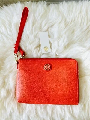 NWT Tory burch Robinson Leather Wristlet 3/4 Zipper Bright Orange Red $250 - Image 1 of 4